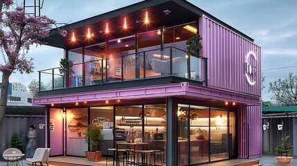 Poster - A pink container house with double glass windows, interior design of the coffee shop on ground floor and kitchen in one layer. Generative AI.