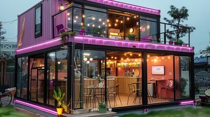 Poster - A pink container house with double glass windows, interior design of the coffee shop on ground floor and kitchen in one layer. Generative AI.