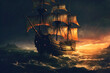 Old medieval sailing ship pirate galleon on the sea waves at night. AI generated.