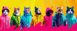 Group of cats wearing colorful hoodies, bright background