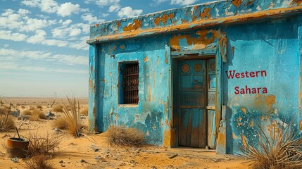 Abandoned Blue Building in the Desert of Western Sahara with Weathered Walls