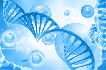 Sticker - DNA strand on blue color background. 3d illustration..