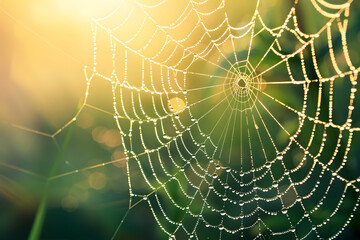 A macro shot of morning dew on a spider web, with sunlight filtering through, highlighting the intricacy of nature