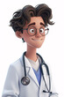 A cartoon doctor with a stethoscope on his neck. He is smiling and wearing a white lab coat