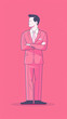 Illustration of a man in a suit in front of a pink background.