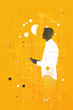 Illustration of a man holding a cell phone in front of a yellow background with many dots.