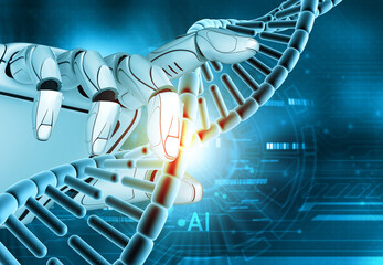 Wall Mural - Robotic hand touch a dna strand. 3d illustration.