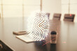Multi exposure of abstract fingerprint scan interface on computer background, digital access concept
