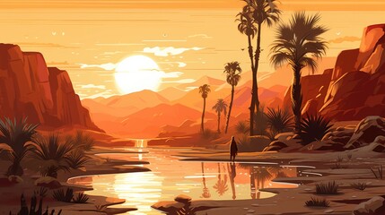 Wall Mural - Desert oasis cartoon illustration - Generative AI. Desert, oasis, sun, cliff, palm.