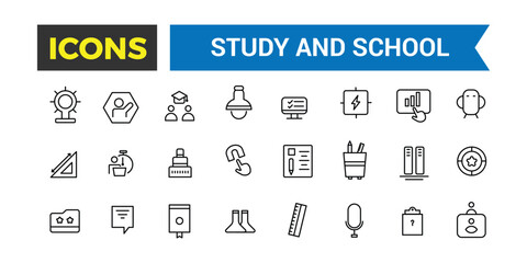 Wall Mural - Study And School Line Icons Collection, Big Ui Icon Set In A Flat Design, Thin Outline Icons Pack, Vector Illustration