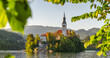 Panorama of the Bled Lake, island with a Church at sunrise, Slovenia