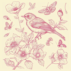 Sticker - mid century, line drawing, insects, flowers, bird, spring, vector