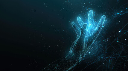 Digital hand hologram on dark background   Neural network connection concept