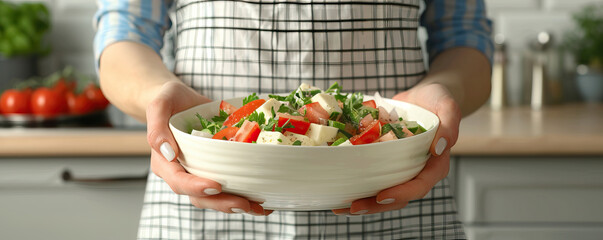 Poster - A woman is holding a bowl of salad in her hands. The bowl is filled with a variety of vegetables, including tomatoes, cucumbers, and lettuce. The woman is wearing an apron