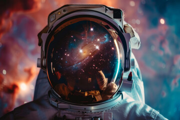 Wall Mural - Front view astronaut potrait. Astronaut in space suit with galaxy and nebula reflection in helmet glass