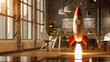 Innovative business success by rocket launching from a modern office