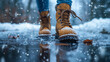 brown leather boots stepping into the water on an icy ground with snow falling around them