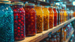 row of colorful jars filled with various berries and fruits, arranged on wooden shelves i
