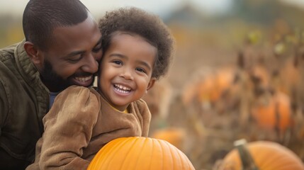 Happy african american kids in pumpking field with father ready for Halloween on sunny october 31 day