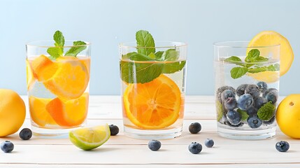 Canvas Print - Fresh Citrus Infused Water in Clear Glasses, Healthy Drink Concept with Blueberries and Mint. Summer Refreshment on a Light Wood Table. AI