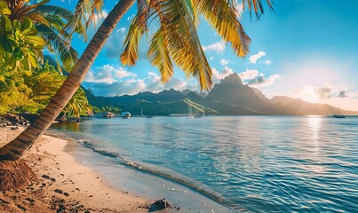 Wall Mural - Breath-taking Sunshine Beach in Tahiti. Luxury Vacation Seascape. Solitude concept.