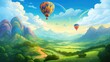© Mariia - Hot air balloon expedition photo realistic illustration - Generative AI. Air, balloon, expedition, cliff, river.