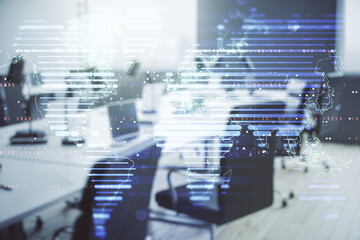 Wall Mural - multi exposure of abstract creative digital world map hologram on a modern furnished office backgrou