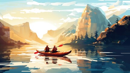 Wall Mural - Kayaking expedition photo realistic illustration - Generative AI. People, kayaking, cliff, river.