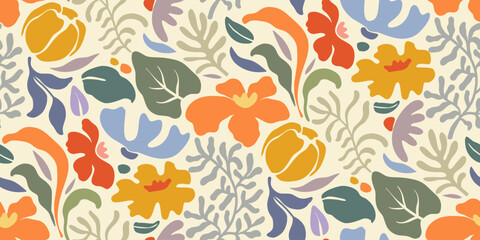 Wall Mural - Vector summer seamless pattern with natural elements, flowers, leaves in modern trendy style.