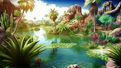 Wall Mural - Forests with lake habitats in 10,000 BC with a variety of aquatic creatures and vegetation. The ecosystem maintains the biodiversity of the natural world, providing a home for a range of water species