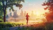 © WACHI - A woman running in a park. The sun is rising in the background and the city is in the distance. The image is peaceful and inspiring.