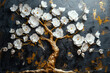 Textured plaster wall art with blossoming tree. Detailed stucco relief with floral designs in classical style