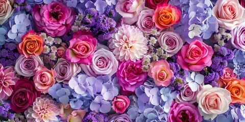 Wall Mural - Floral Wallpaper with Multicolored Flowers. Vibrant Summer Background with Lilac Roses.