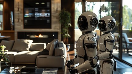 Robotic professionals in a smart home environment, showcasing innovative software and digital interfaces