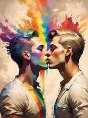 Men Love, Männerliebe, Gay, Gender, colored, two Mens, Kiss, colored, beige, KI, AI, digital, Love, romantic, art, wall art