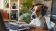 © Volodymyr Shcherbak - A cute funny working at a laptop. At the table sits a dog as a programmer or businessman. dog with headphones sitting in front of the computer