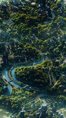 Wall Mural - Capture a mesmerizing aerial view of a futuristic cityscape, blending advanced technology with lush green conservation areas, using CG 3D to emphasize the harmonious coexistence