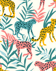 Wall Mural - Leopard drawing cartoon seamless pattern