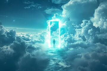 Wall Mural - a man stands in front of a blue door in the sky