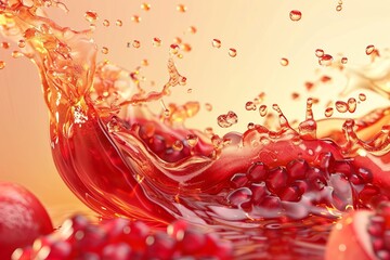 fresh pomegranate juice splash wave with ripe fruit 3d illustration for advertising design