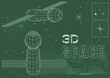 3D Space Illustration, Spacecraft, Surfaces, Stars, Perspective Grid 1980s Computer Graphics Stylization, Digital Objects Style Vector Elements