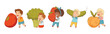 Small Children with Big Ripe Fruits and Vegetable Vector Set
