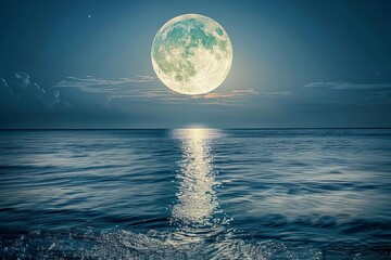 Wall Mural - full moon reflecting on calm ocean surface at night moonlight seascape landscape photography