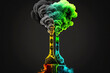 Ecology pollution, smoke from pipe on black background, graphic colored isolate. AI generated.