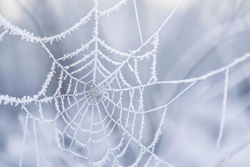 The delicate patterns of frost on a spider web, with its intricate threads and icy crystals.