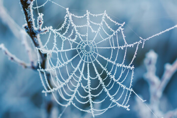 The delicate patterns of frost on a spider web, with its intricate threads and icy crystals.
