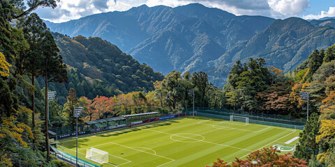 Wall Mural - A soccer field with a mountain in the background