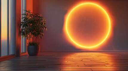 Wall Mural - a room with a large orange circle on the wall and a potted plant in the corner