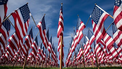 American flags veterans of Memorial day display celebrating national holiday. Concept of Independence day, Memorial day, national holiday