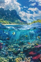 Wall Mural - A mesmerizing background image capturing the vibrant colors of the ocean currents and a variety of fish species, Wide-angle shots, generative ai